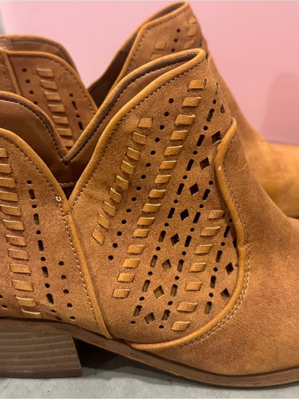 Suede Cutout Ankle Booties in Tan